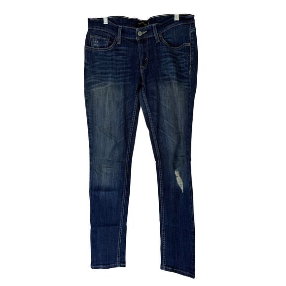 Levi's Too Super Low 524 Jeans Blue Distressed Low Waist Denim Slim Pants Size 7 - Picture 1 of 9